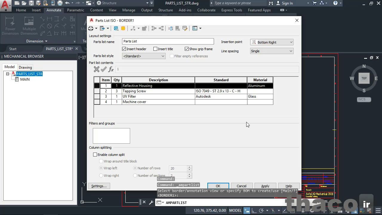 Inserting and editing a parts list in the Structure workspace
