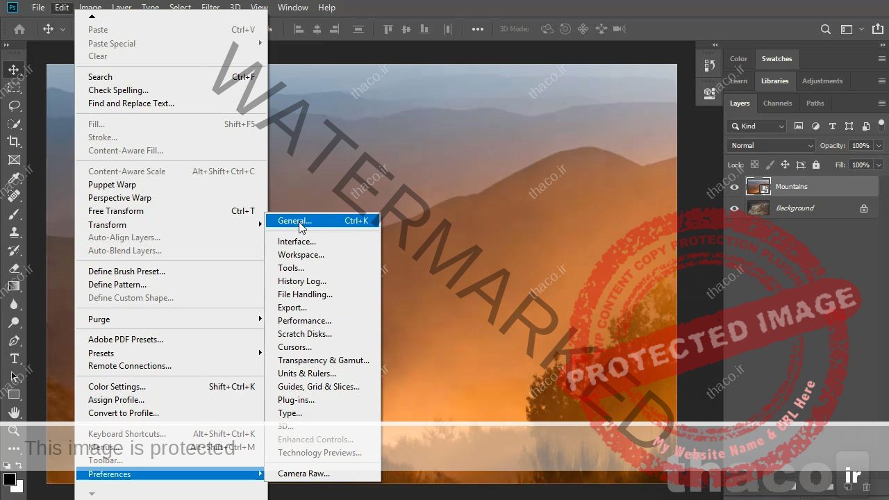 انتخاب گزینه general در فتوشاپ