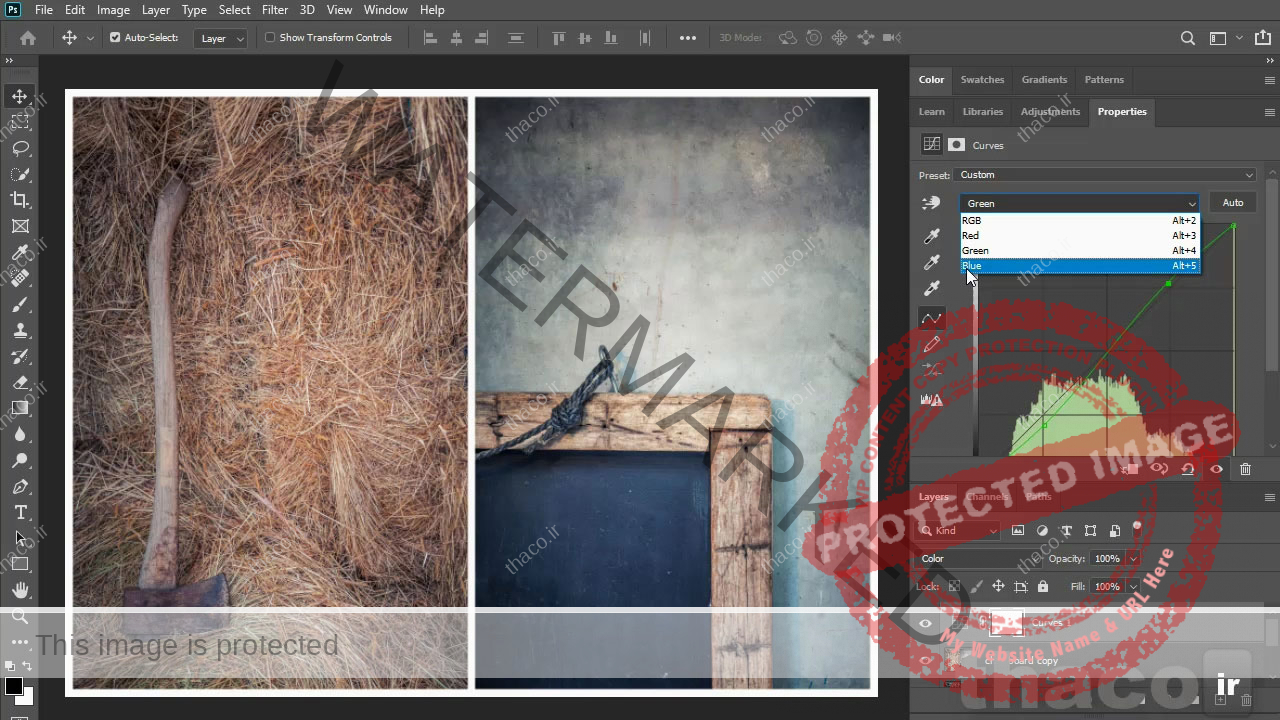 کانال رنگ آبی در ادجاسمنت curve فتوشاپ