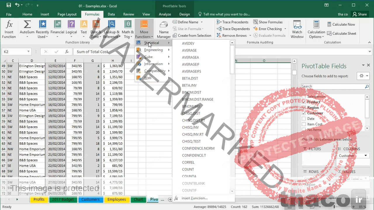 گزینه More Functions شامل Statistical