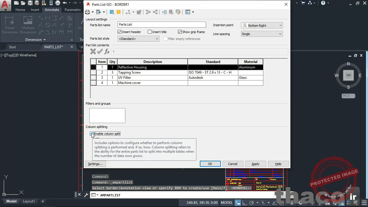 Inserting and editing a parts list