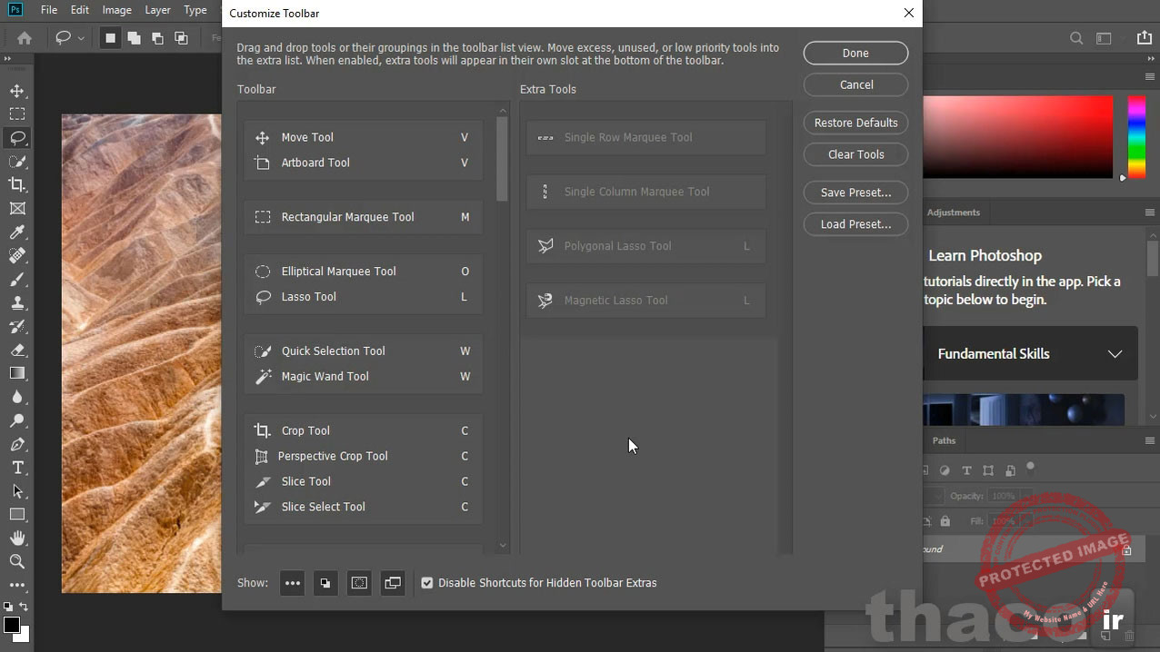 Customizing the toolbar