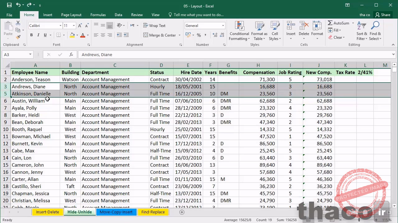 Hiding and unhiding rows and columns